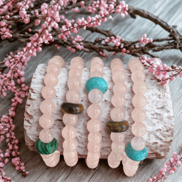 D&A Braccialetto artigianale con pietre di Quarzo Rosa